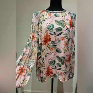 Anthropologie Blink Pink Tropical Floral Sheer Long Sleeve Blouse FLAW Top LARGE